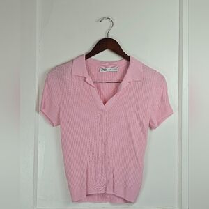 Zara Pink Fitted Ribbed Knit Cropped Polo Top M